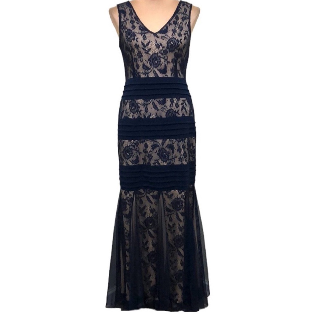 Candalite black lace dress with tan underneath sheath. Formal gown